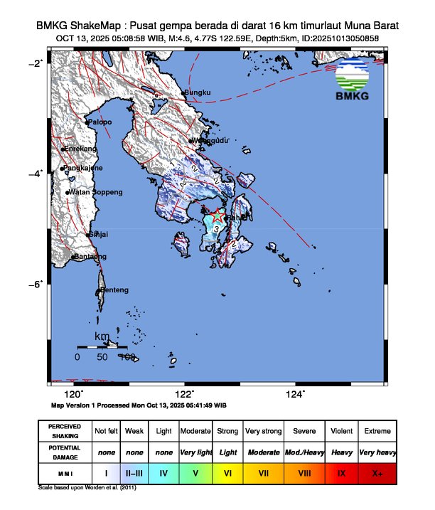 Muna Barat Sultra Diguncang Gempa Bumi Magnitudo 4,6 dan Pusat Gempa Berada Di Darat 16 km Timurlaut Muna Barat