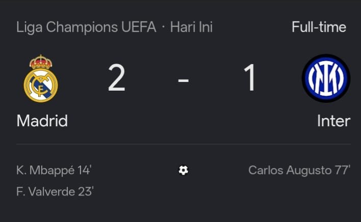 Liga Champions : Inter Dominan tapi Tumbang di Bernabéu, 2 Kesalahan Bikin Madrid Menang 2-1